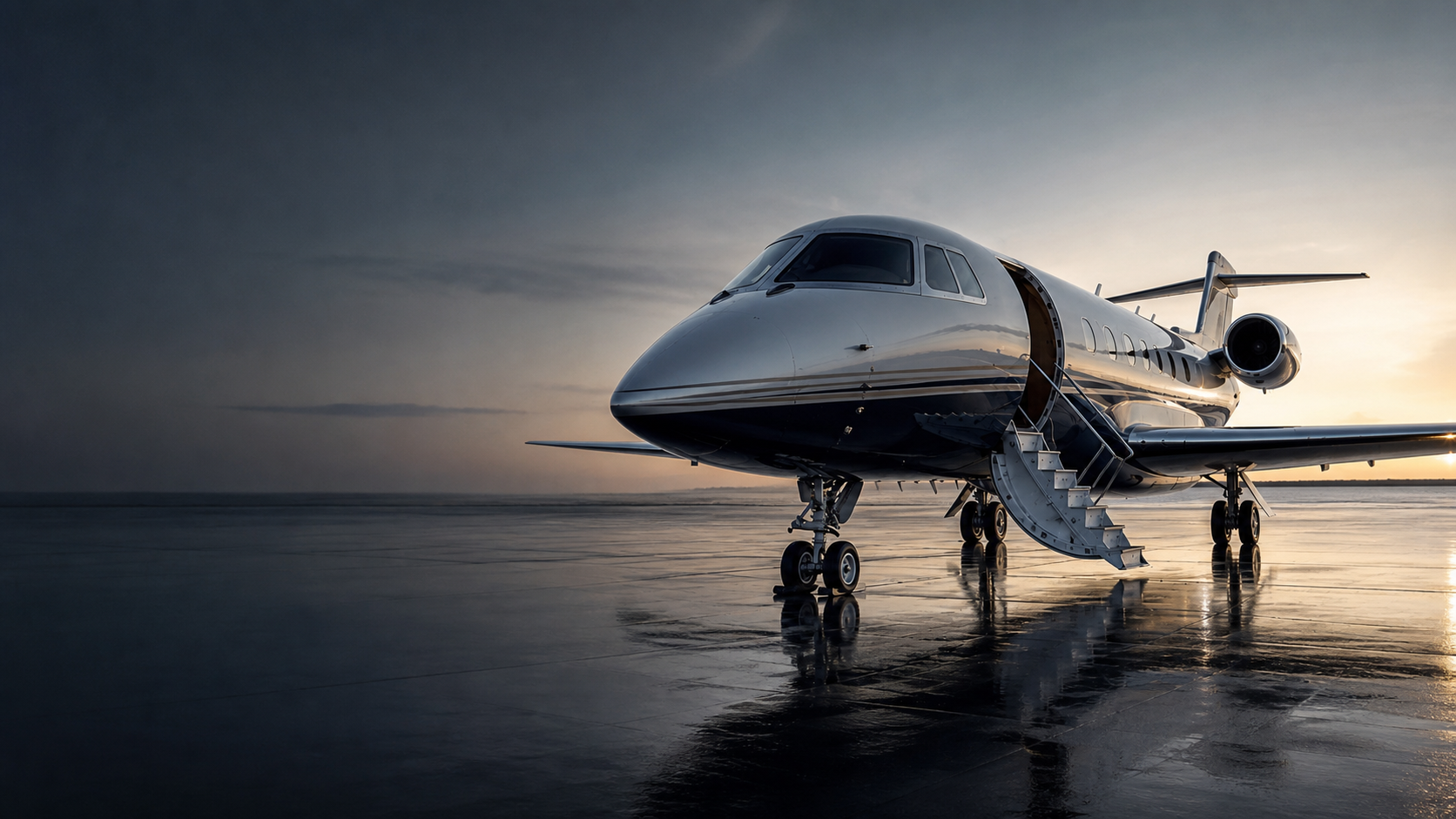 Private aircraft on a reflective ramp at dawn